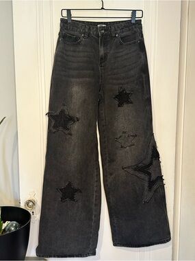 Hot Topic Black Wide-Leg Jeans with Star Patch Accents